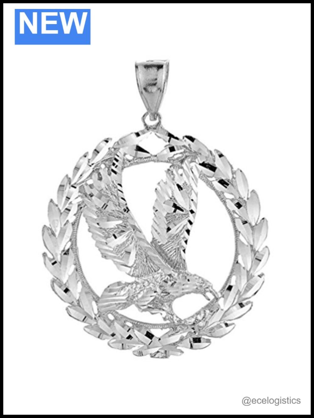 Sterling Silver USA Eagle Olive Wreath Peace Round Pendant Necklace